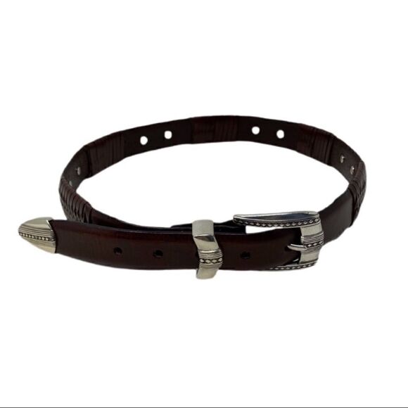 Brown Leather Belt BRIGHTON Braided Silver Medallions and Buckel Size 34 - Picture 3 of 9